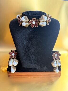 Pearl and Burgundy Flower Choker Necklace with Matching Earrings